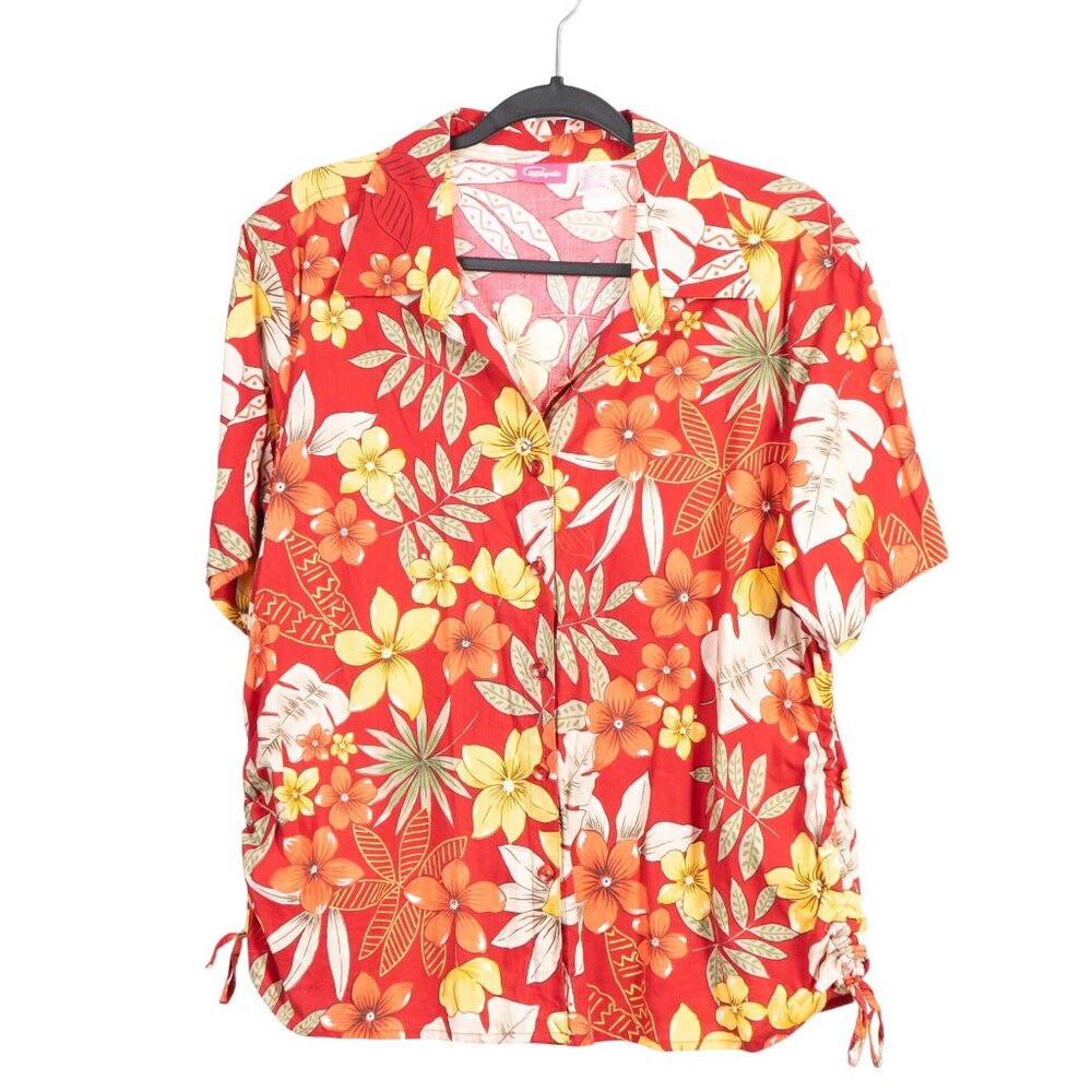 Pappagallo Hawaiian Shirt Womens XL Red Floral Ruched Drawstring Side Buttons